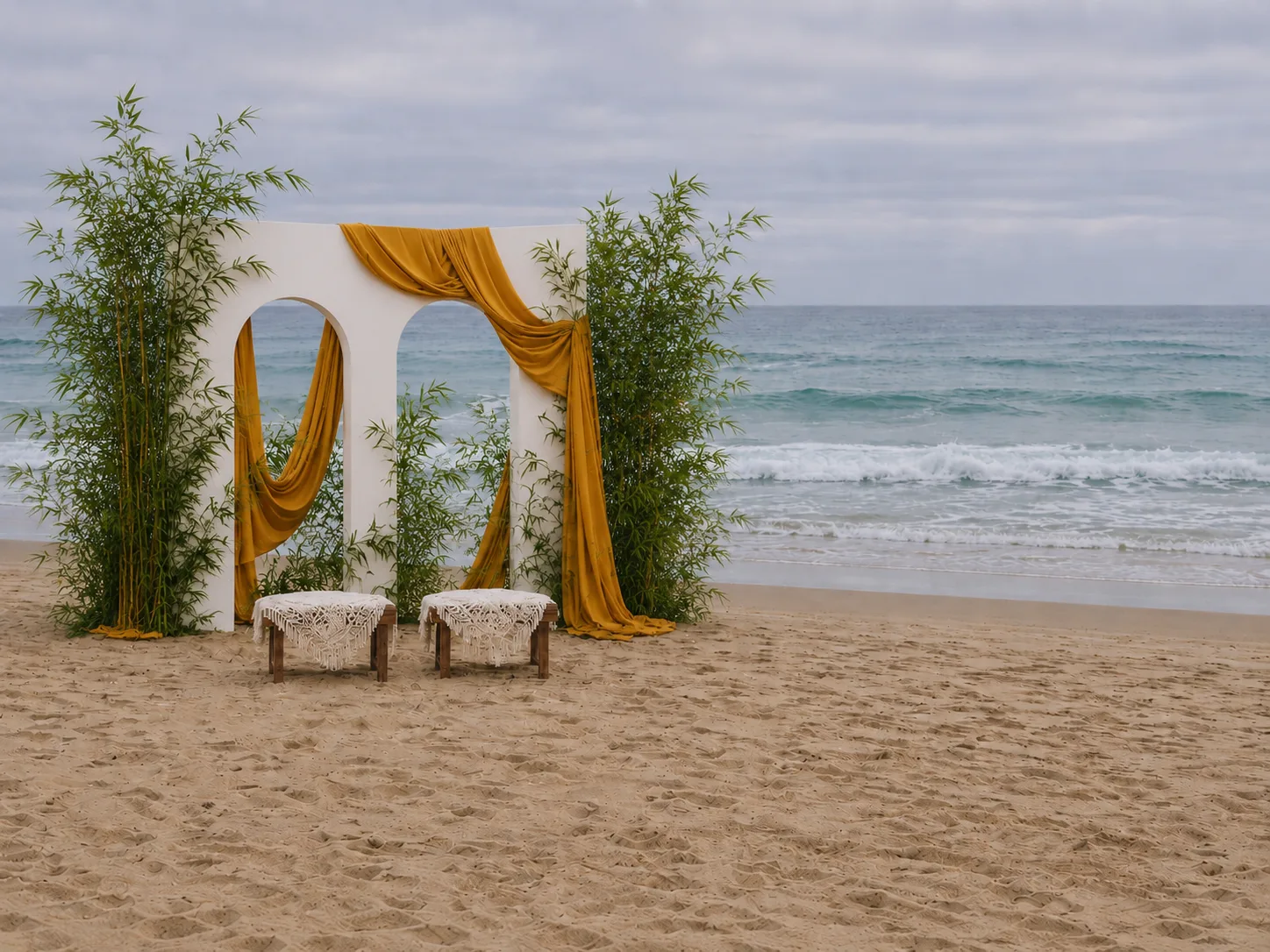 Instalación floral y textil para una celebración junto al mar