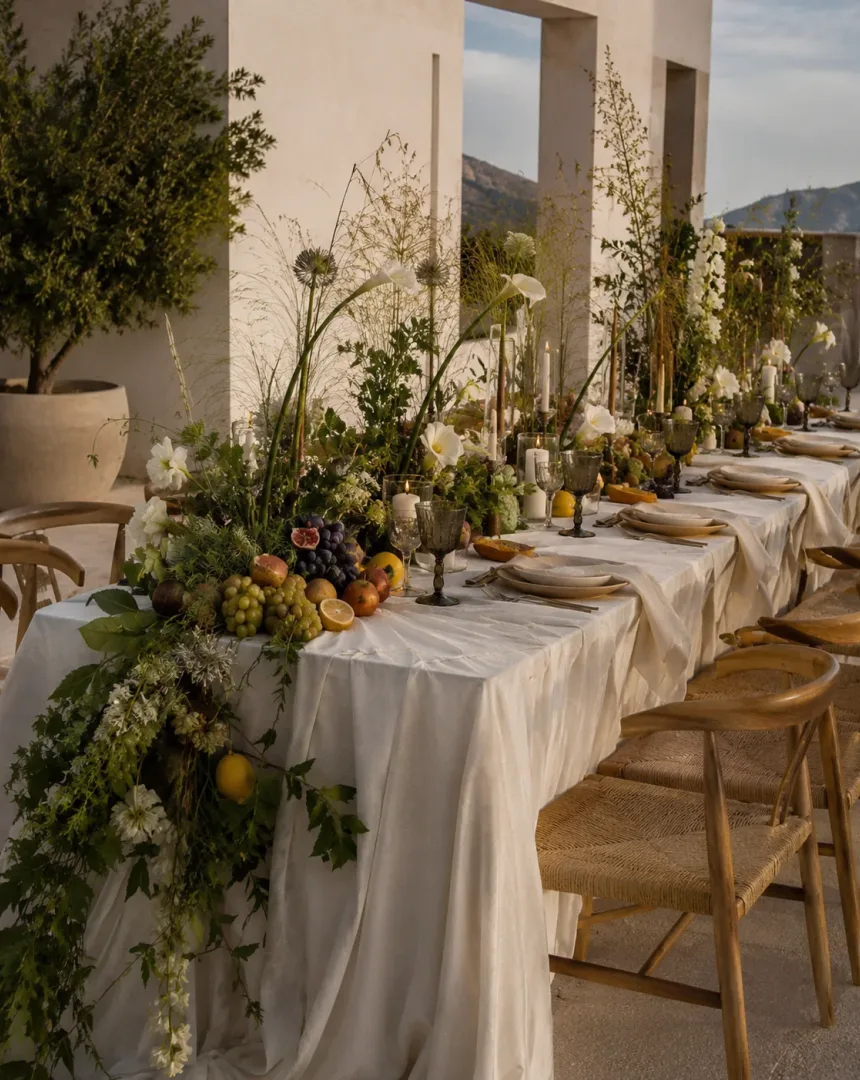 Mesa de boda diseñada a medida con flores, frutas y velas